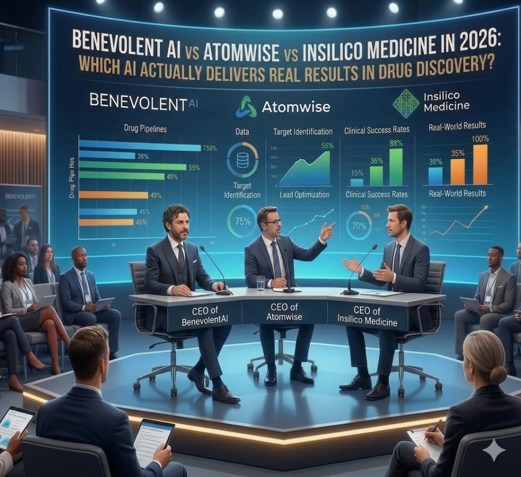 BenevolentAI, Atomwise and Insilico Medicine CEOs in a panel discussion comparing AI drug discovery results, with performance charts and audience in a conference setting.