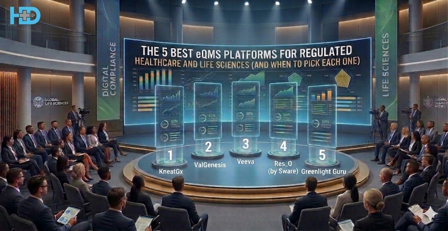 A wide-angle photograph of a modern auditorium where a large curved screen and transparent holographic displays compare five eQMS platforms for regulated healthcare and life sciences: 1 KneatGx, 2 ValGenesis, 3 Veeva, 4 Res_Q (by Sware), and 5 Greenlight Guru. The seats are filled with an audience.