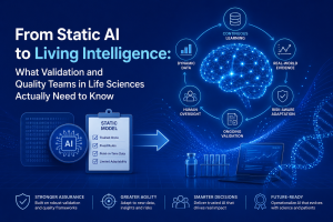 Hero graphic titled ‘From Static AI to Living Intelligence’ showing a static AI model on the left and a glowing brain surrounded by icons for continuous learning, real‑world evidence, risk‑aware adaptation, ongoing validation, human oversight, dynamic data, and life‑sciences lab imagery on the right