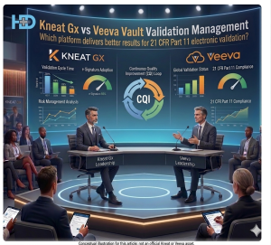 Conceptual illustration of a debate between Kneat Gx and Veeva Vault Validation Management leadership in a studio setting, with dashboards comparing validation metrics and 21 CFR Part 11 electronic validation performance