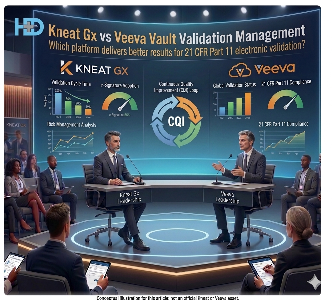 Conceptual illustration of a debate between Kneat Gx and Veeva Vault Validation Management leadership in a studio setting, with dashboards comparing validation metrics and 21 CFR Part 11 electronic validation performance