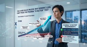 Pharma executive in a glass-walled office pointing at a transparent screen that shows a chart titled ‘The $100B Value Unlock: Why Generic LLMs Can’t Pass the Pharma “X‑Factor” Test,’ comparing rising pharma‑specific LLM value with a flat generic LLM line and highlighting domain knowledge, regulatory alignment, auditability, and X‑Factor requirements.