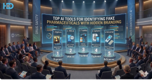 Conference-style visualization of top AI tools for identifying fake pharmaceuticals with hidden branding, showing Digimarc, VRAI AI, TrueMed, Cypheme, and RxScanner on a large stage with detection and accuracy metrics behind them.