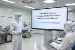 Pharmaceutical cleanroom staff review a display about AI model performance in pharma and GxP decision-making.