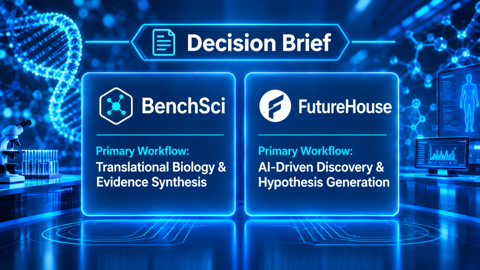 Decision brief comparing BenchSci translational biology and evidence synthesis with FutureHouse AI-driven discovery and hypothesis generation