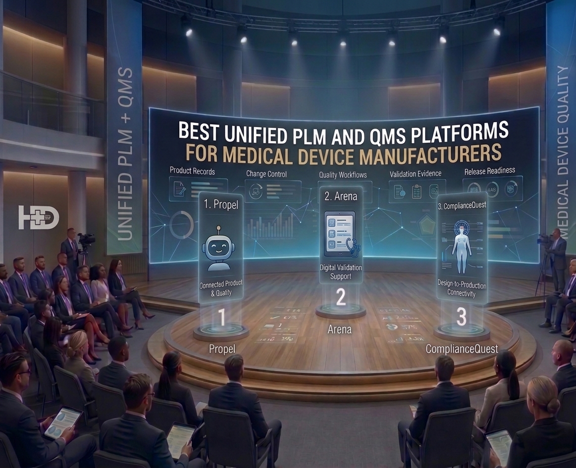 Illustrated auditorium stage presenting Propel, Arena, and ComplianceQuest as unified PLM and QMS platforms for medical device manufacturers.